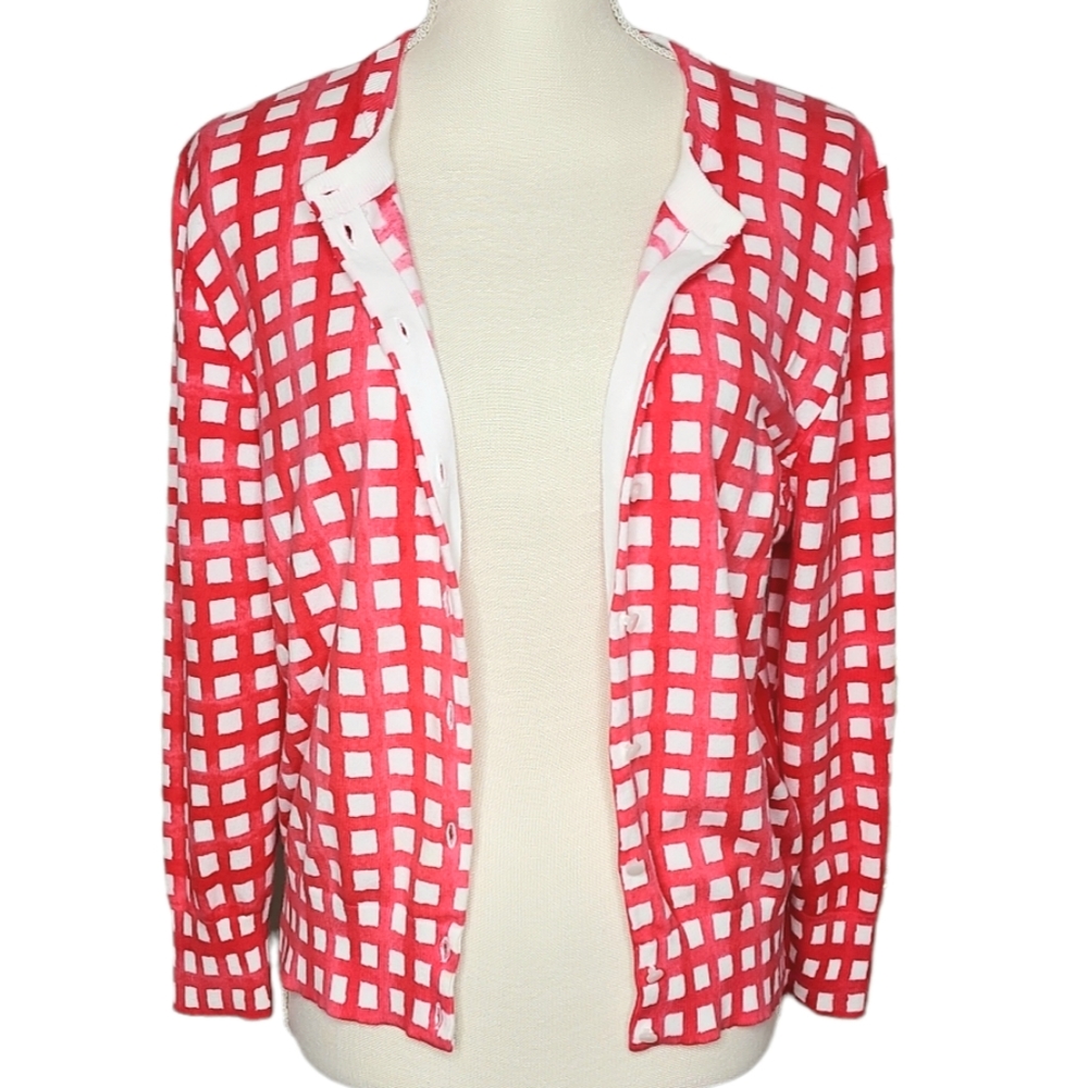 crown & ivy Red and White Windowpane Open-Front Cardigan